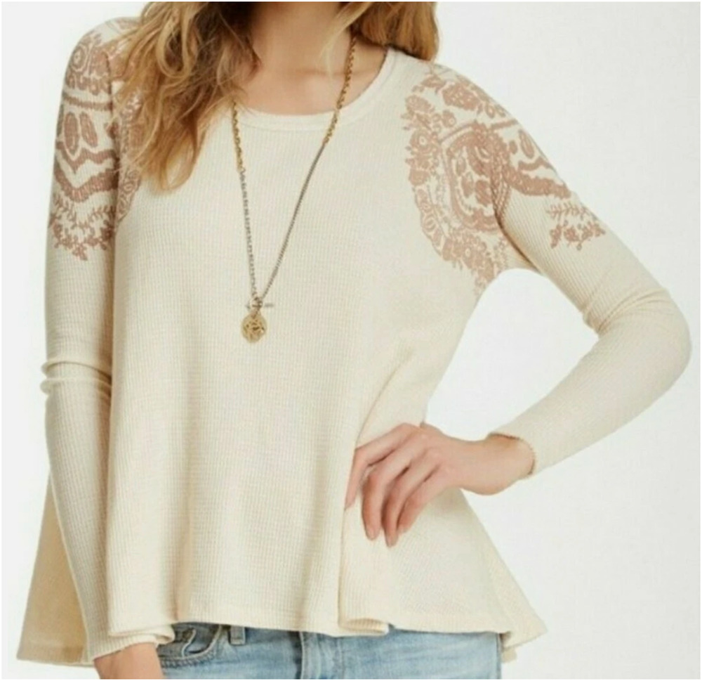 We The Free Thermal Top Womens S Ivory Cream Floral Waffle Knit Relaxed Bohemian